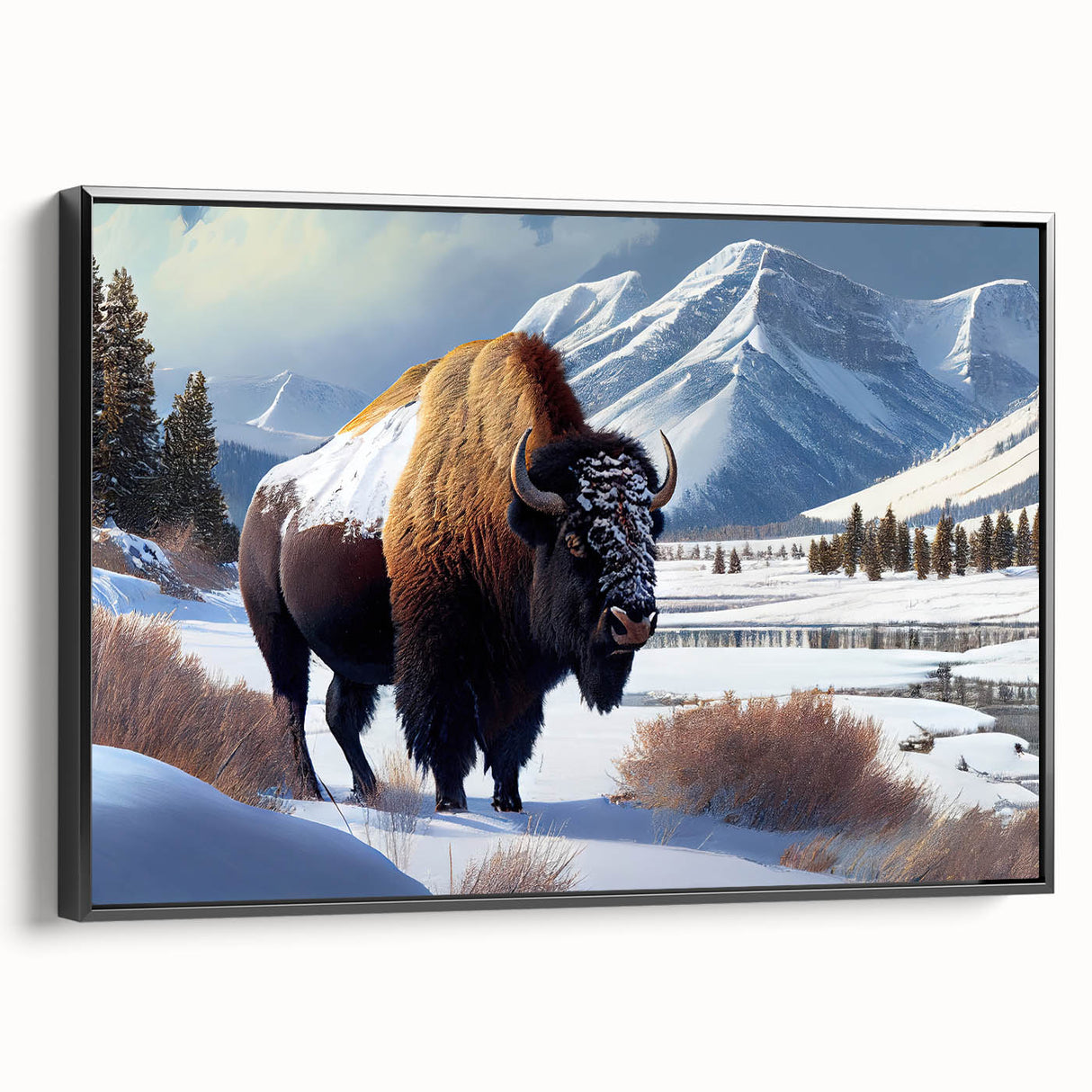 Black and white framed canvas of Yellowstone landscape, ideal for bedroom wall art.