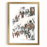 Extra large abstract art print featuring textured winter-themed imagery in muted gray and blue tones, framed in gold.