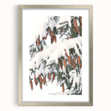 Textured art depicting abstract winter scene in muted blue and white tones on a framed silver mat.