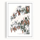 Abstract art print depicting a winter scene in muted blue and white tones, framed with a white mat.