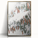 Mid-century modernist winter scene in muted blue and white tones on a large framed acrylic print.