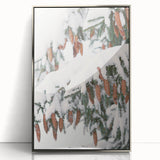 Mid-century modernist winter scene in muted blue and white tones, framed acrylic print, suitable for nursery wall art.