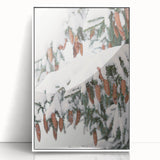 Art deco poster of a winter scene in muted blue and white tones, framed acrylic print, ideal for nursery wall art.
