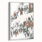 Vintage poster art of a winter scene framed on canvas, featuring muted blue and white tones, ideal for living room decor.