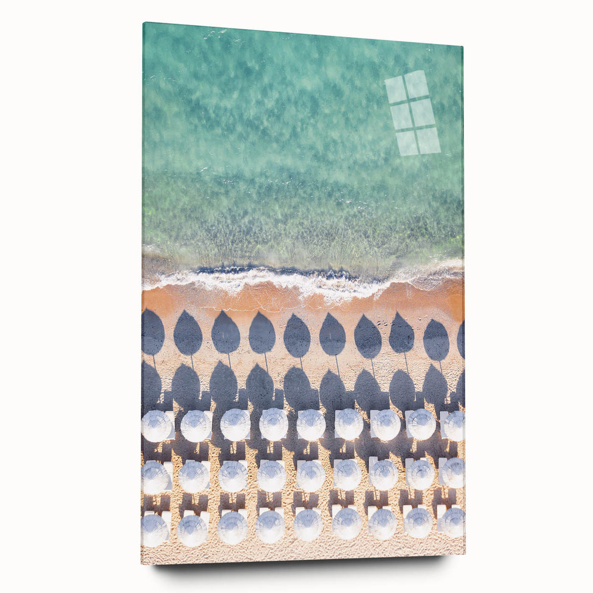 Large abstract wall art on acrylic glass showcasing swirling blue and green hues, ideal for bedroom or dining room decor.