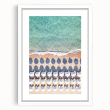 Abstract art print featuring swirling blue and white patterns on a framed canvas, suitable for bedroom or dining room decor.