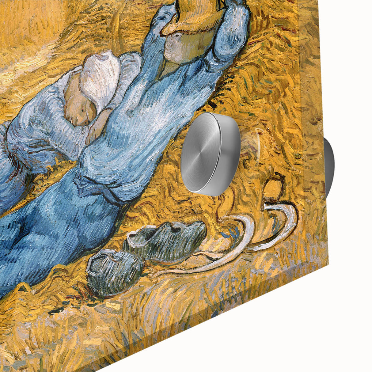 Large abstract wall art print on acrylic glass featuring swirling blue and yellow patterns.