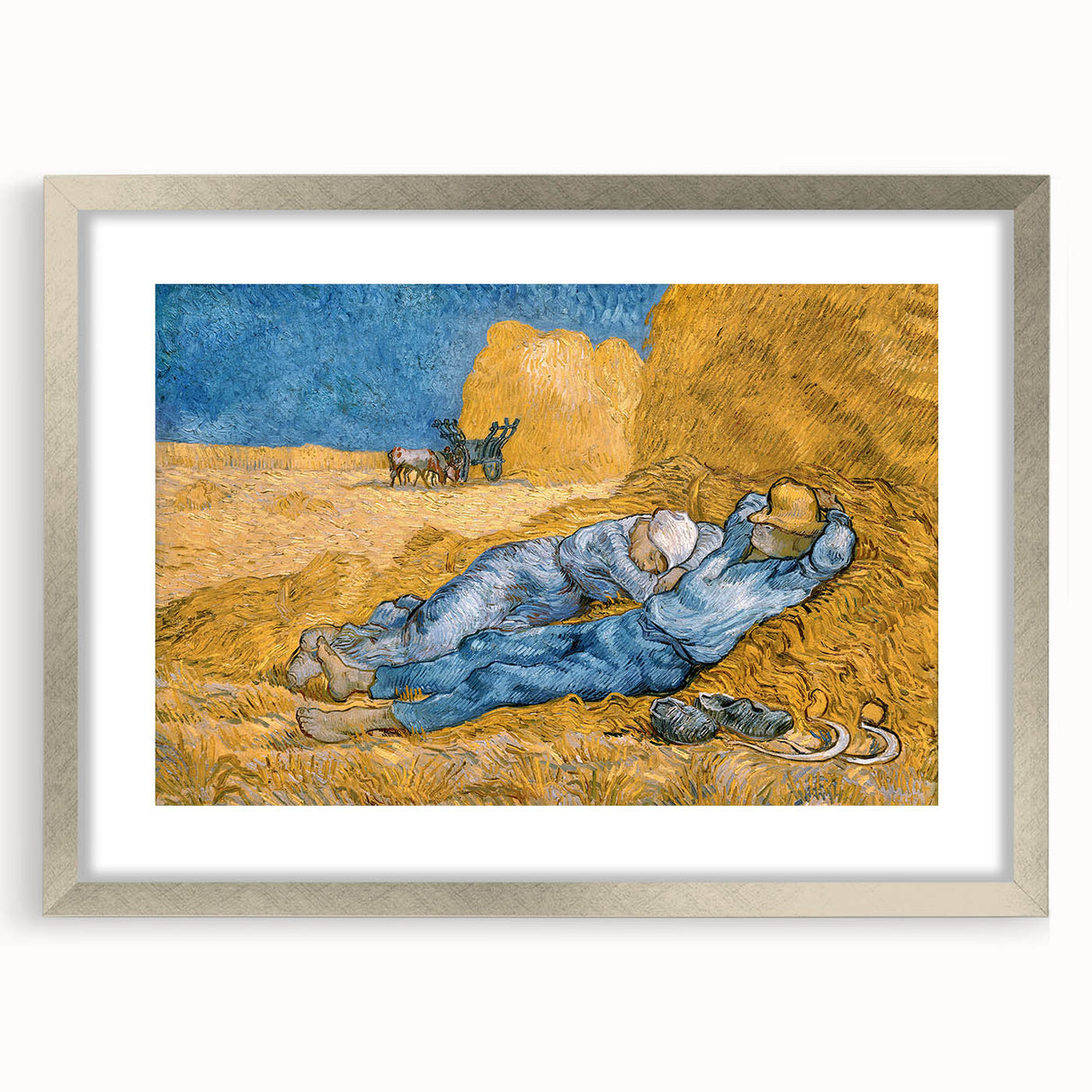 Extra large abstract art print with textured brush strokes in vibrant blue and yellow hues on a framed canvas.