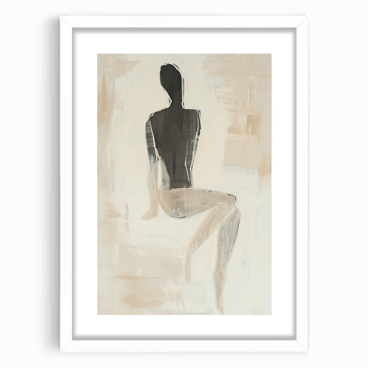 Abstract figurative frame with a white mat, showcasing a modern art piece in a bright, minimalist setting, ideal for contemporary home decor.