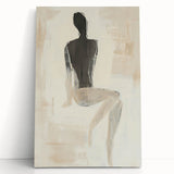 Abstract figurative stretched canvas artwork featuring vibrant colors and dynamic shapes, leaning against a minimalist wall, ideal for modern decor.