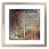 Elegant silver-framed abstract floral artwork featuring vibrant colors and intricate designs, set against a white mat background, ideal for home decor.