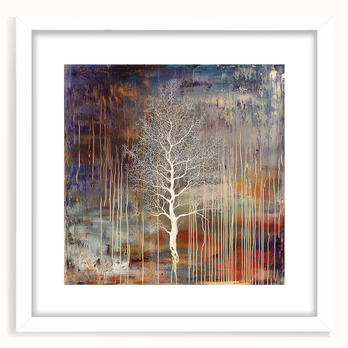 Abstract floral frame design with a white mat, showcasing vibrant colors and intricate patterns, ideal for modern home decor or art display.