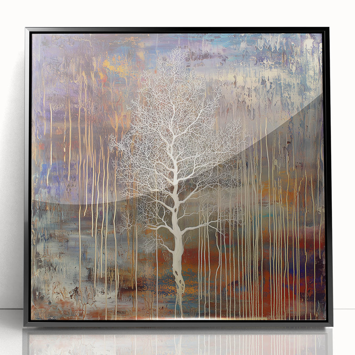 Framed acrylic artwork featuring an abstract floral design in vibrant colors, set against a sleek black frame, ideal for modern home decor or office styling.