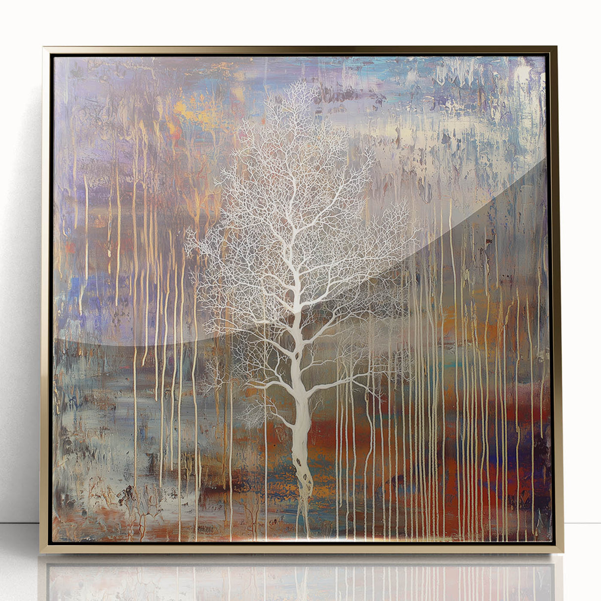 Framed acrylic artwork displaying an abstract floral design in vibrant colors, featuring gold accents and a sleek frame, perfect for modern home decor.