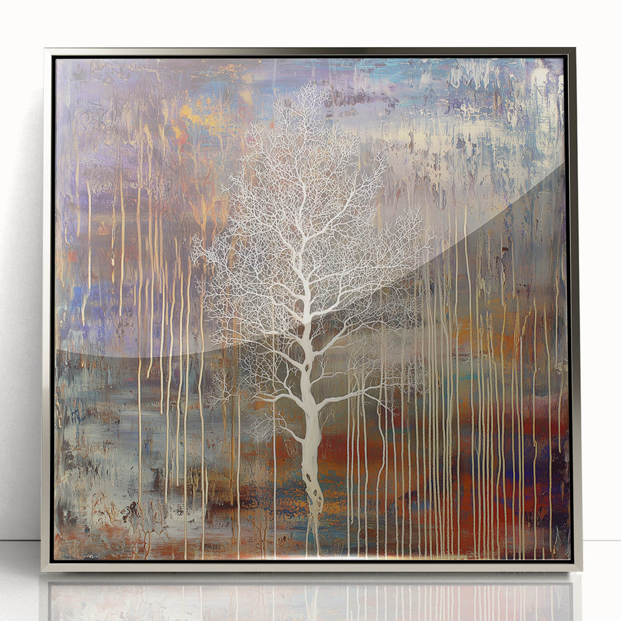 Framed acrylic artwork showcasing an abstract floral design in vibrant colors, featuring a sleek silver frame, perfect for modern home decor.