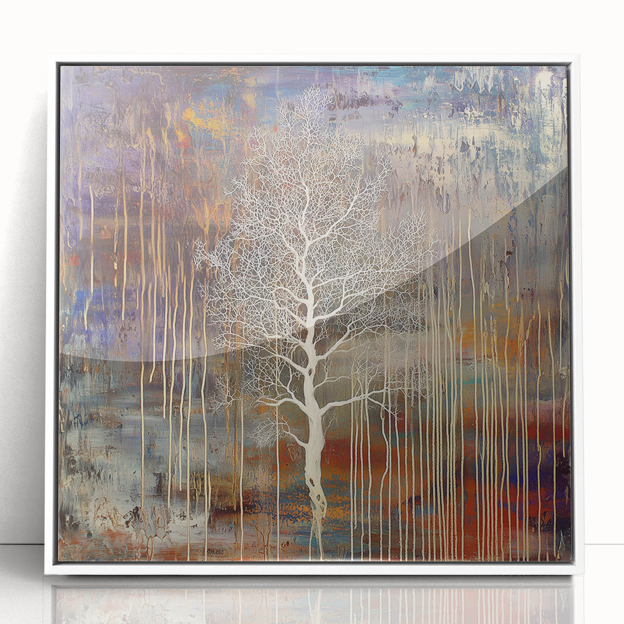 Framed acrylic artwork showcasing an abstract floral design in vibrant colors, displayed against a sleek white background, ideal for modern home decor.