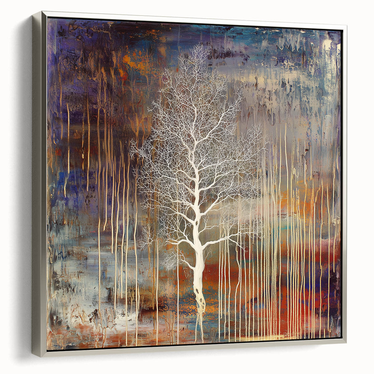 Framed canvas artwork showcasing abstract floral designs in vibrant colors with a sleek silver frame, adding elegance to modern home decor. Ideal for enhancing living spaces or as a unique gift.