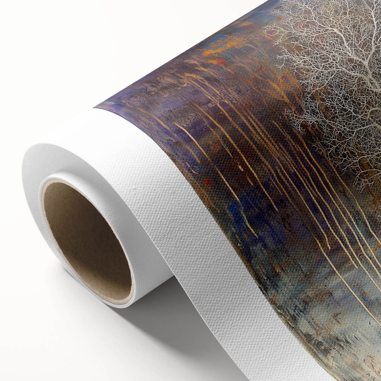 Abstract floral design on rolled canvas showcasing vibrant colors and intricate patterns, perfect for modern home decor. Packaged securely in a durable cardboard tube for safe shipping.
