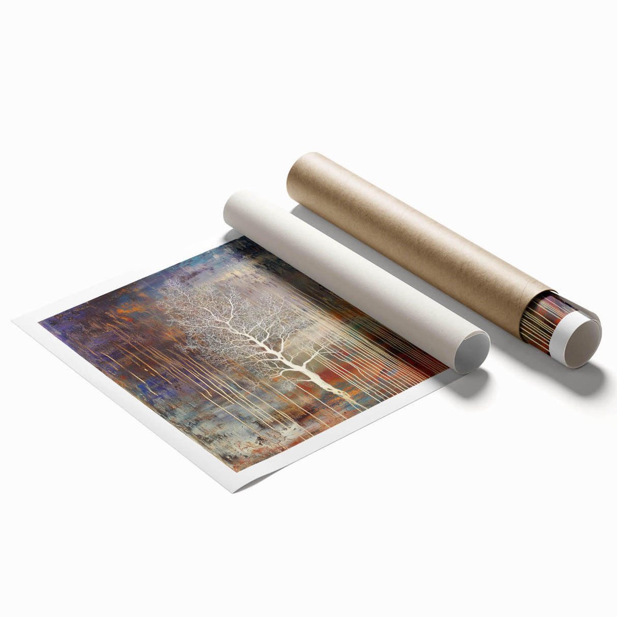 Rolled print showcasing an abstract floral design in vibrant colors, featuring intricate patterns and textures, ideal for modern home decor or artistic displays.