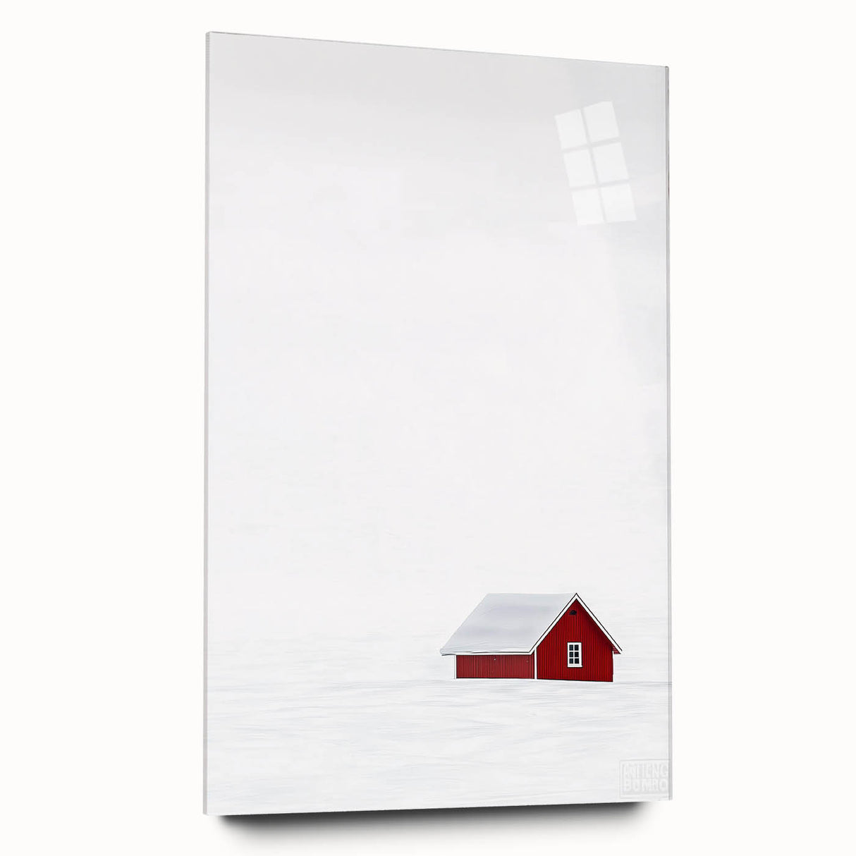 Abstract landscape art piece displayed in acrylic glass, showcasing vibrant colors and fluid shapes, ideal for modern home decor. Side view highlights the sleek edges and reflective surface, enhancing contemporary aesthetics.