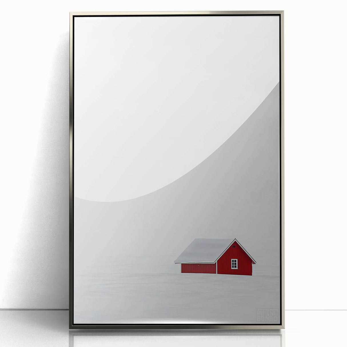 Framed abstract landscape artwork featuring a blend of soft blues and earthy tones, set in a sleek silver frame, perfect for modern home decor.