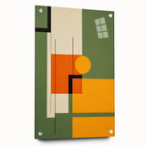 Abstract minimalist wall art design displayed in a side view on acrylic glass, featuring vibrant colors and sleek pins for mounting. Ideal for modern decor.