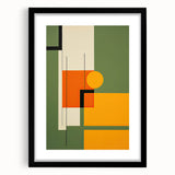 Abstract minimalist wall art framed in black with a white mat, showcasing geometric shapes and soft pastel colors, perfect for modern home decor.