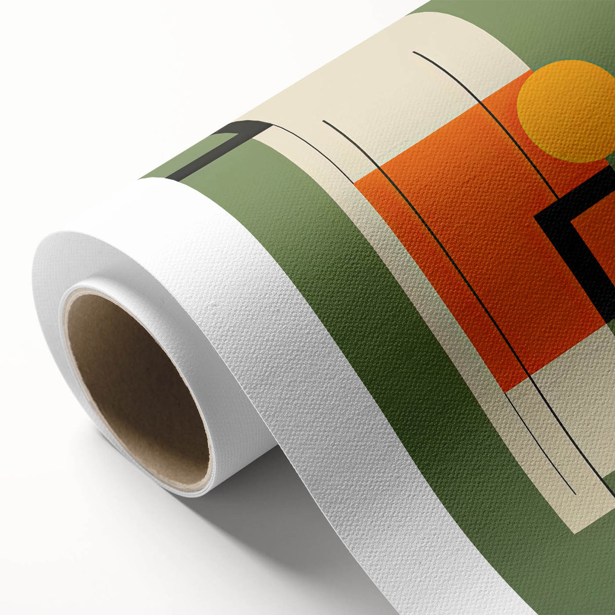 Abstract minimalist wall art on rolled canvas showcasing soft pastel colors and geometric shapes, elegantly packaged in a protective cardboard tube for display.