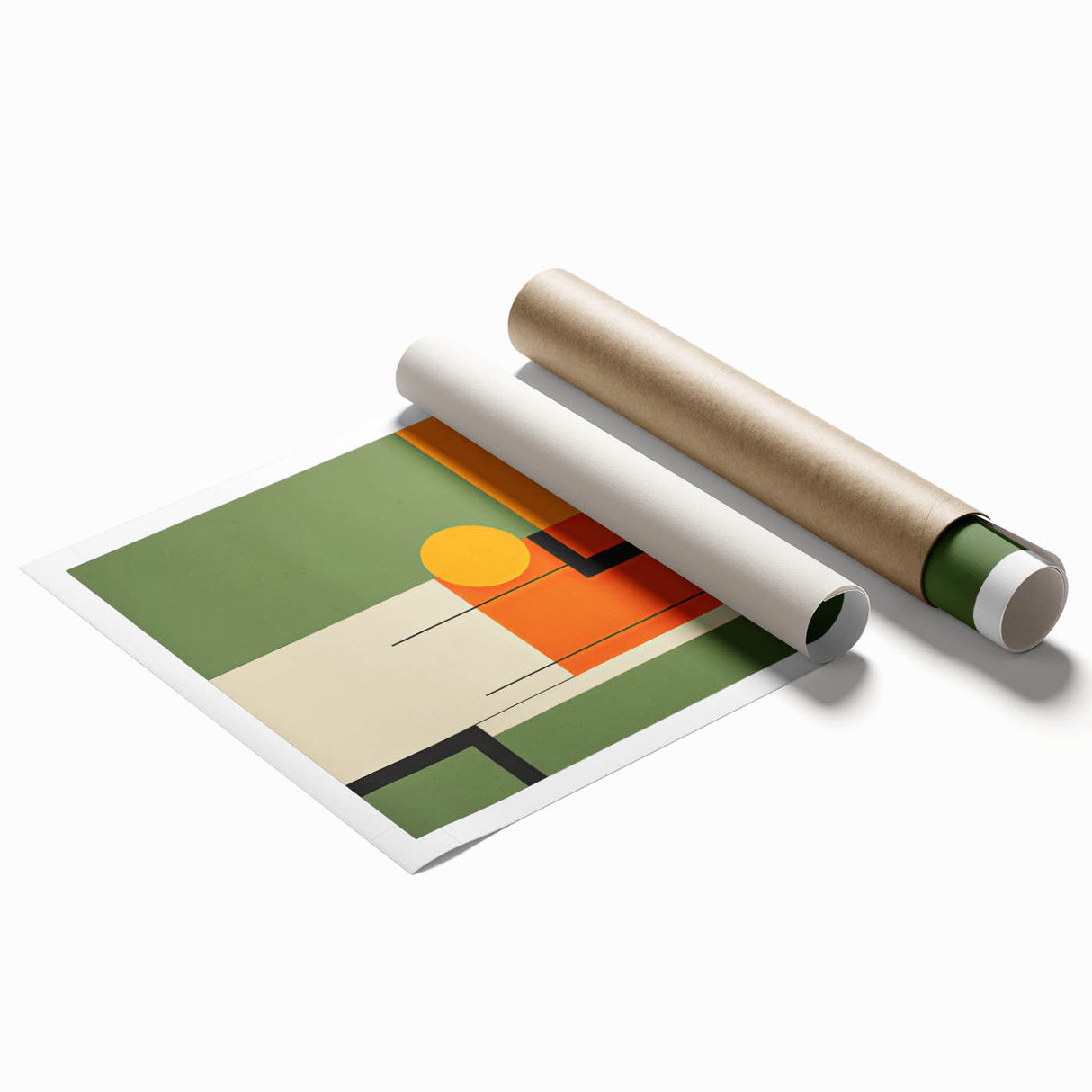 Abstract minimalist wall art print showcasing soft pastel colors and geometric shapes, rolled up in a durable tube for easy transport and display.