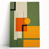 Abstract minimalist wall art on stretched canvas, showcasing soft pastel colors and geometric shapes, leaning against a neutral wall, ideal for modern home decor.