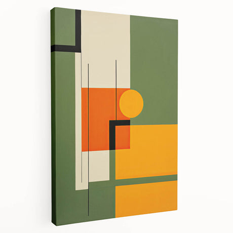 Abstract minimalist wall art in muted tones displayed on a stretched canvas, showcasing a side view that highlights its clean lines and contemporary aesthetic, perfect for modern decor.