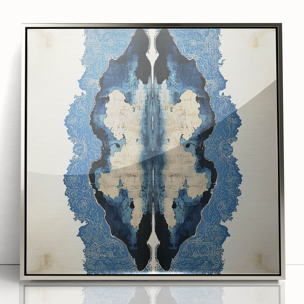 Modern Abstract Wall Art – Navy Blue & Beige Symmetrical Canvas
