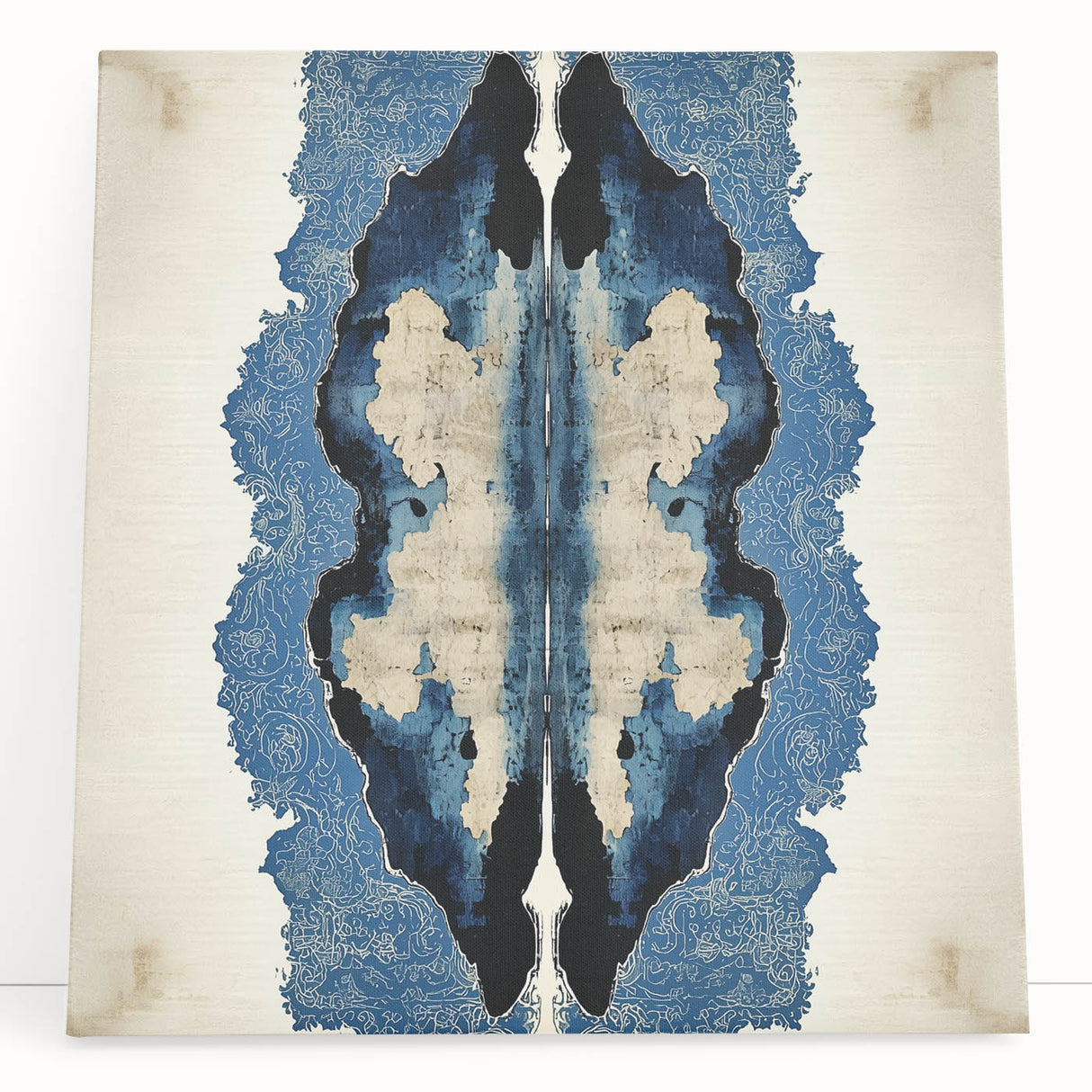 Modern Abstract Wall Art – Navy Blue & Beige Symmetrical Canvas