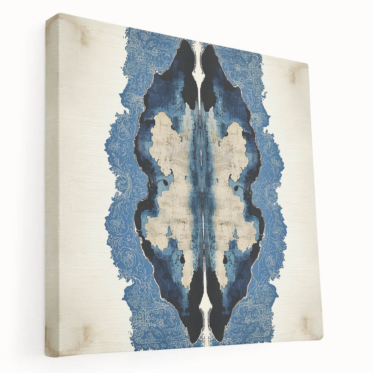 Modern Abstract Wall Art – Navy Blue & Beige Symmetrical Canvas