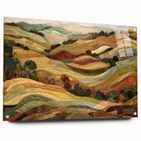 Large abstract wall art depicting autumnal trees in rich orange and gold tones on acrylic glass.