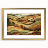 Extra large abstract art print depicting textured fall foliage in muted orange and brown tones, framed in gold.