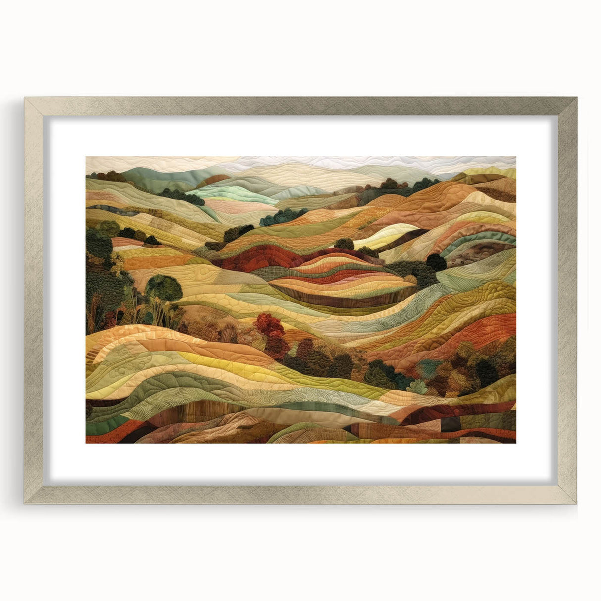 Textured abstract art print depicting autumnal hues on a framed silver mat, ideal for bedroom art.