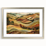 Textured abstract art print depicting autumnal hues on a framed silver mat, ideal for bedroom art.