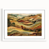 Abstract art print depicting autumnal trees in orange and red shades, framed in white, suitable for dining room decor.