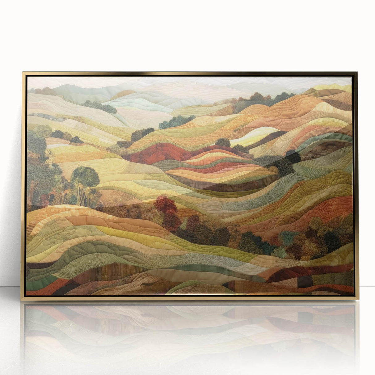 Large art print of a mid-century modernist autumn scene in vibrant orange and gold tones on a framed acrylic.