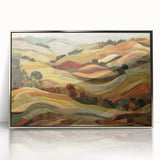 Mid-century modernist art depicting a fall scene in muted orange and brown tones, framed acrylic.