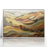 Art deco poster featuring a stylized fall scene in orange and brown tones on a white framed acrylic.