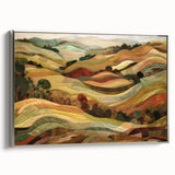 Framed canvas featuring a landscape art painting of autumn trees, in vibrant orange and yellow tones.