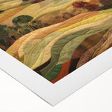 Art deco poster of autumnal trees on rolled canvas, with rich orange and yellow tones, suitable for dining room wall art.