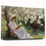 Abstract figurative acrylic artwork displayed in a glass frame, showcasing vibrant colors and intricate details, set against a minimalist background with decorative pins.