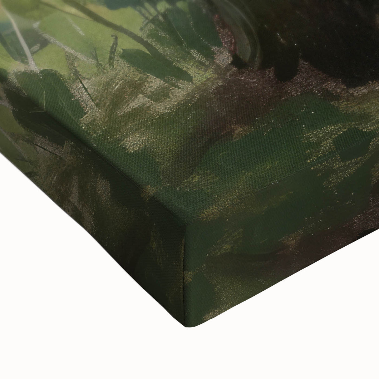 Close-up view of an abstract figurative stretched canvas artwork showcasing vibrant colors and intricate textures, ideal for modern home decor or artistic displays.