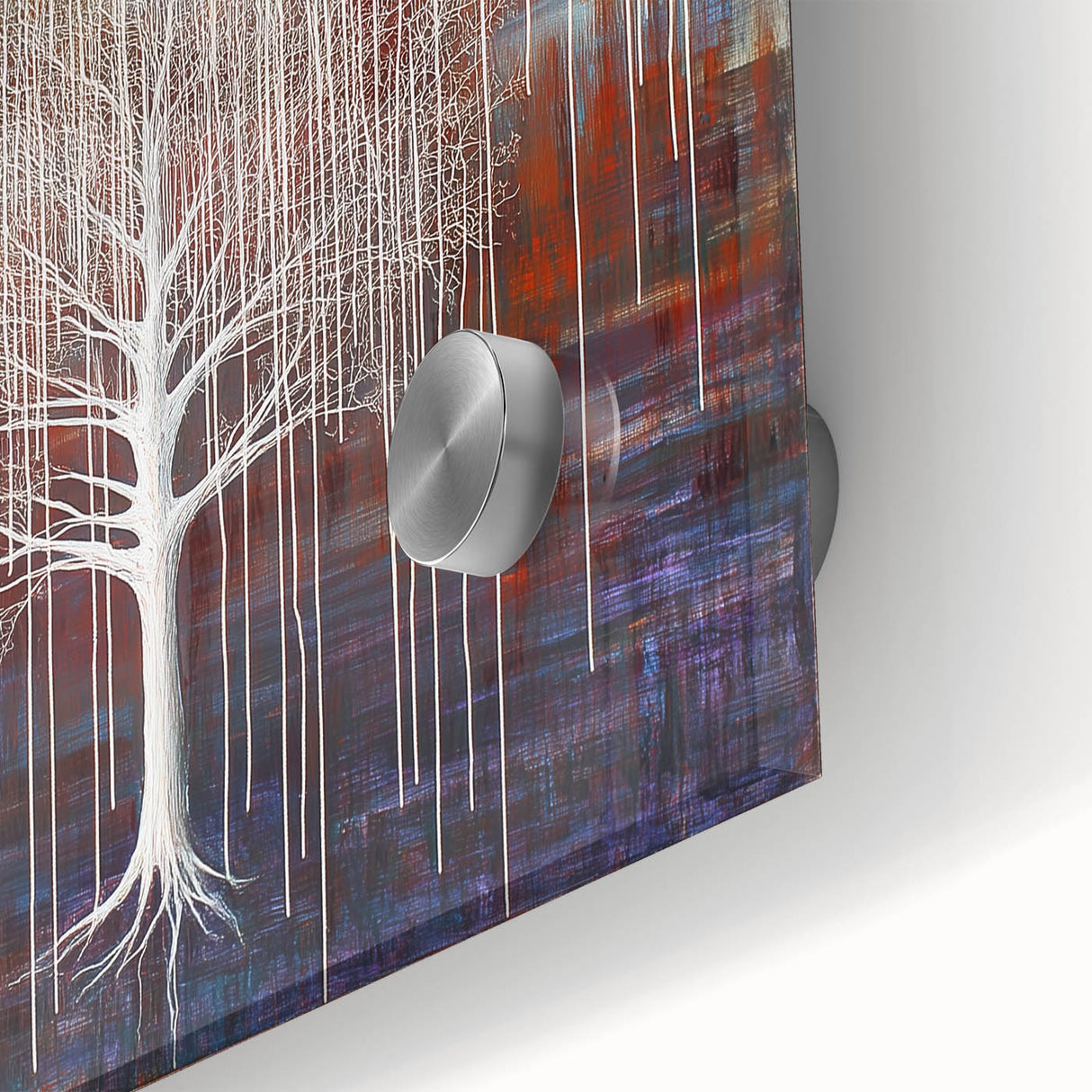 Close-up of vibrant abstract floral acrylic art on glass, showcasing intricate details and rich colors, ideal for modern home decor and artistic displays.