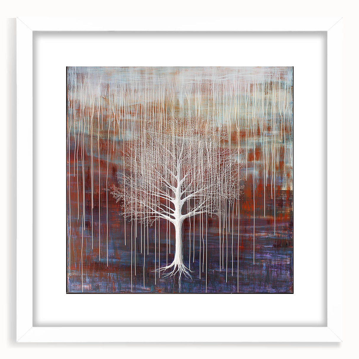 Abstract floral frame design in white matting, showcasing vibrant colors and intricate patterns, perfect for modern home decor or art exhibitions.
