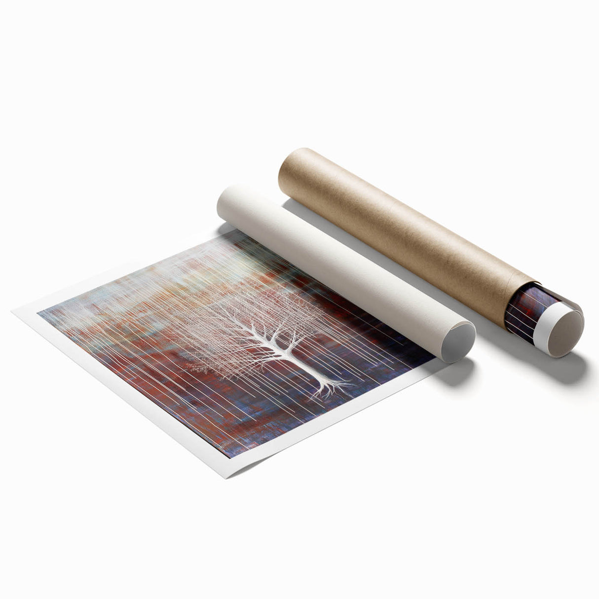 Abstract floral design on a rolled print showcasing vibrant colors and intricate patterns, ideal for home décor or artistic display, protected in a durable tube.