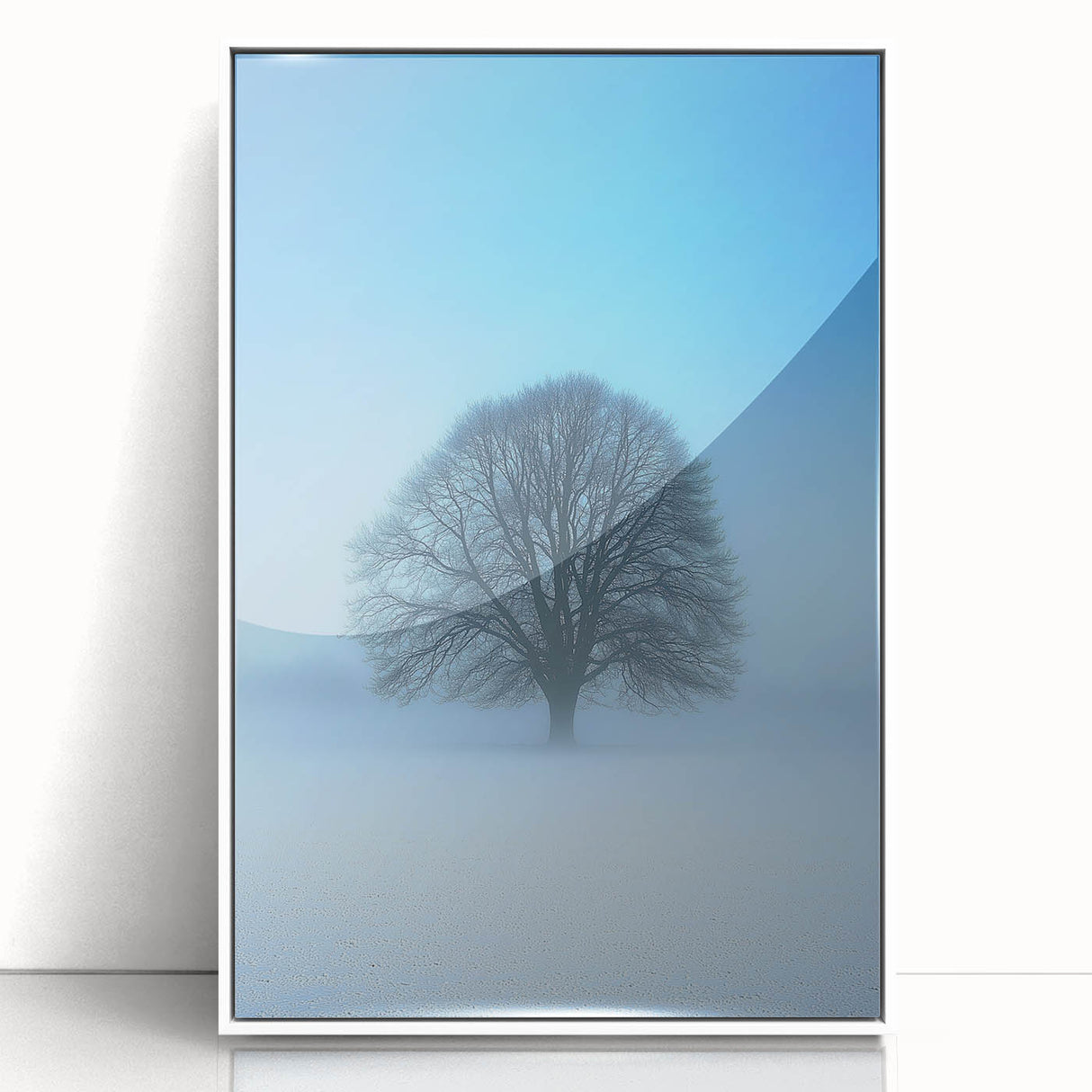 Framed acrylic artwork depicting an abstract landscape with vibrant colors and fluid shapes, showcased in a sleek white frame, perfect for modern decor.